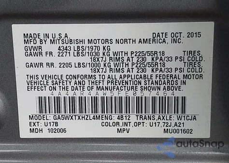 2015 Mitsubishi Outlander Sport 2.4 Gt z USA, uszkodzony, nr VIN 4A4AR4AW5FE057464